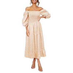 Cottagecore Puff Sleeve Off The Shoulder Summer Casual Plaid Ruffle Midi Dress